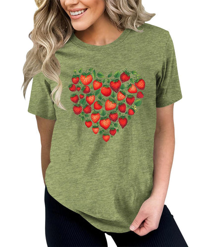 Trendy Strawberry Heart Graphic Tees For Women