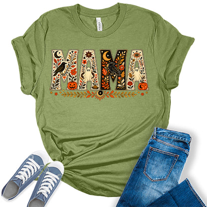Women's Halloween Mama Shirt Vintage Fall Graphic Tees Short Sleeve Bella Autumn Tops