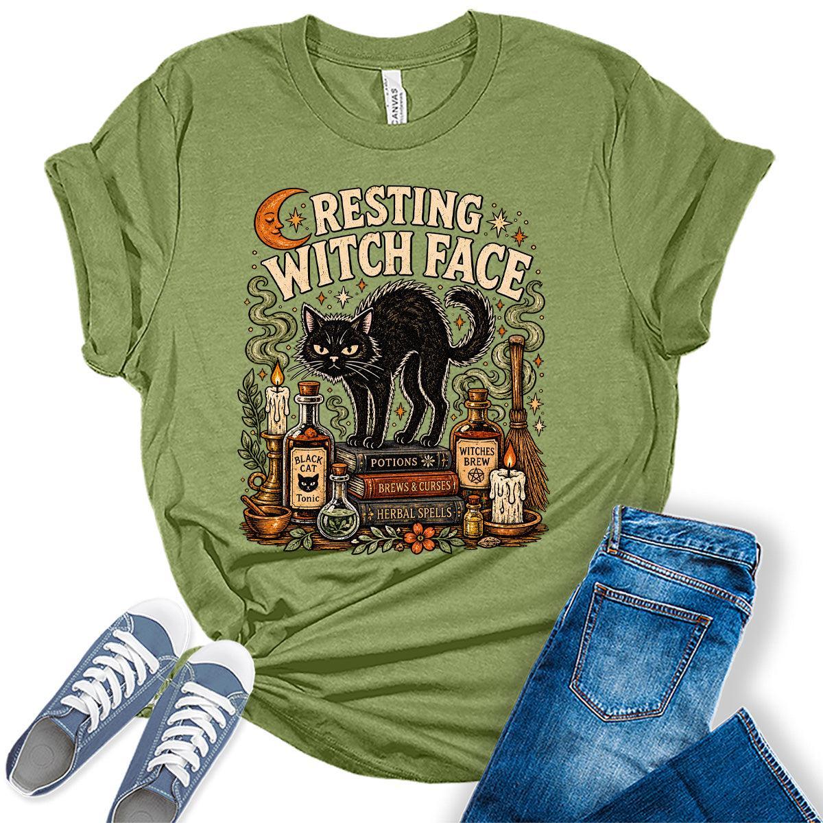 Women's Halloween Shirt Funny Cat Graphic Tees Resting Witch Face Short Sleeve Bella Fall Tops