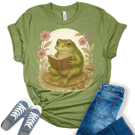 Teacher Shirt for Women Cottagecore Frog Reading Tees