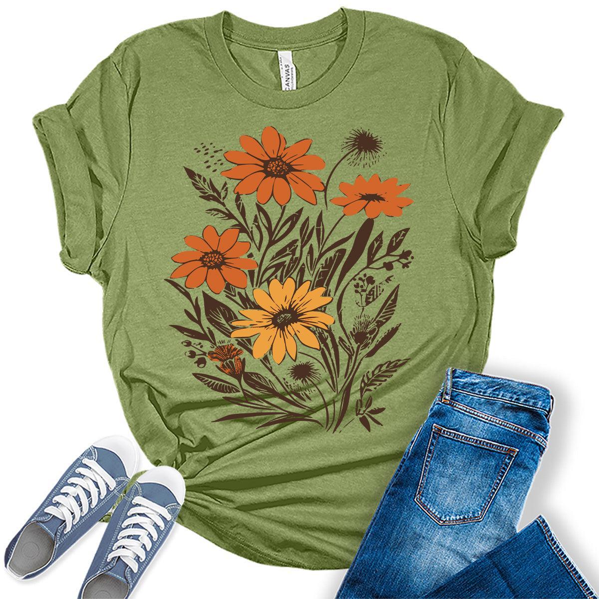 Vintage Flowers T-Shirt for Women Boho Tops Floral Graphic Tee Casual Cottagecore Fall Shirt