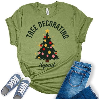 Christmas Shirts For Women Matching Family Christmas Tree Decorating Squad T-Shirts Holiday  Bella Tops