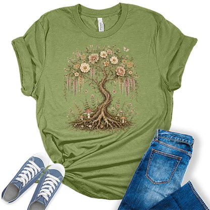 Women's Tree Of Life Shirts Floral Trendy Wildflower Vintage Graphic Tees Short Sleeve Bella Summer Tops