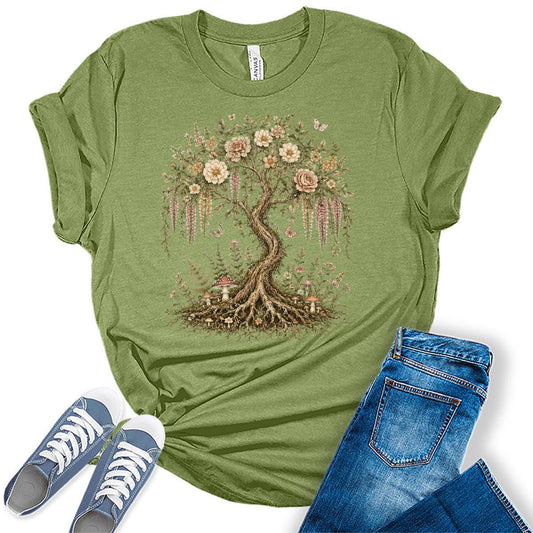 Women's Tree Of Life Shirts Floral Trendy Wildflower Vintage Graphic Tees Short Sleeve Bella Summer Tops