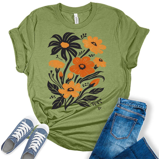 Vintage Flowers T-Shirt for Women Boho Tops Floral Wildflowers Graphic Tee Casual Cottagecore Fall Shirt