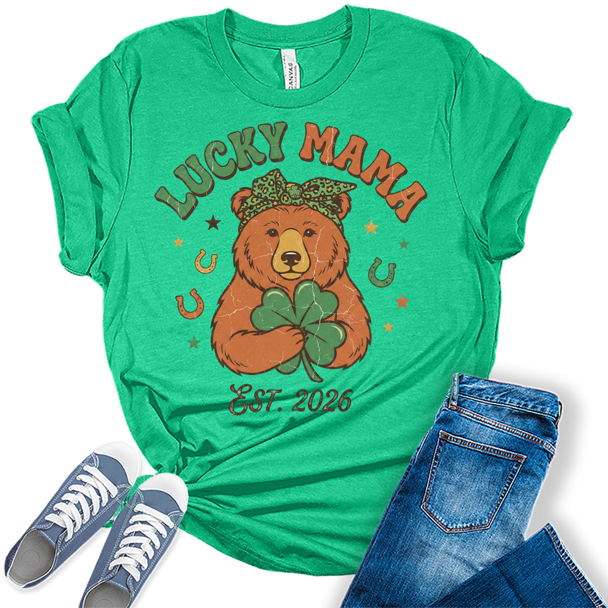 Women's St. Patrick's Day Shirts Cute Lucky Mama Est 2026 Graphic Tees Bella Plus Sized Tops