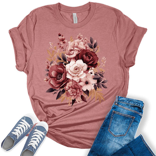 Women's Vintage Floral Shirt Cottagecore Autumn Rose Flower Graphic Tees Plus Size Tops