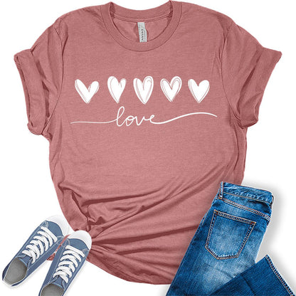 Love Hearts T Shirts Valentines Shirts for Women Bella Graphic Tees Pink