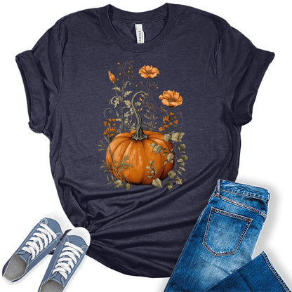 Pumpkin Floral Shirts Women's Graphic Tees Vintage Boho T Shirts Bella Fall Tops