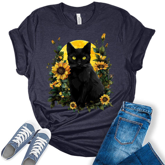 Sunflower Black Cat Cottagecore Fall Shirt