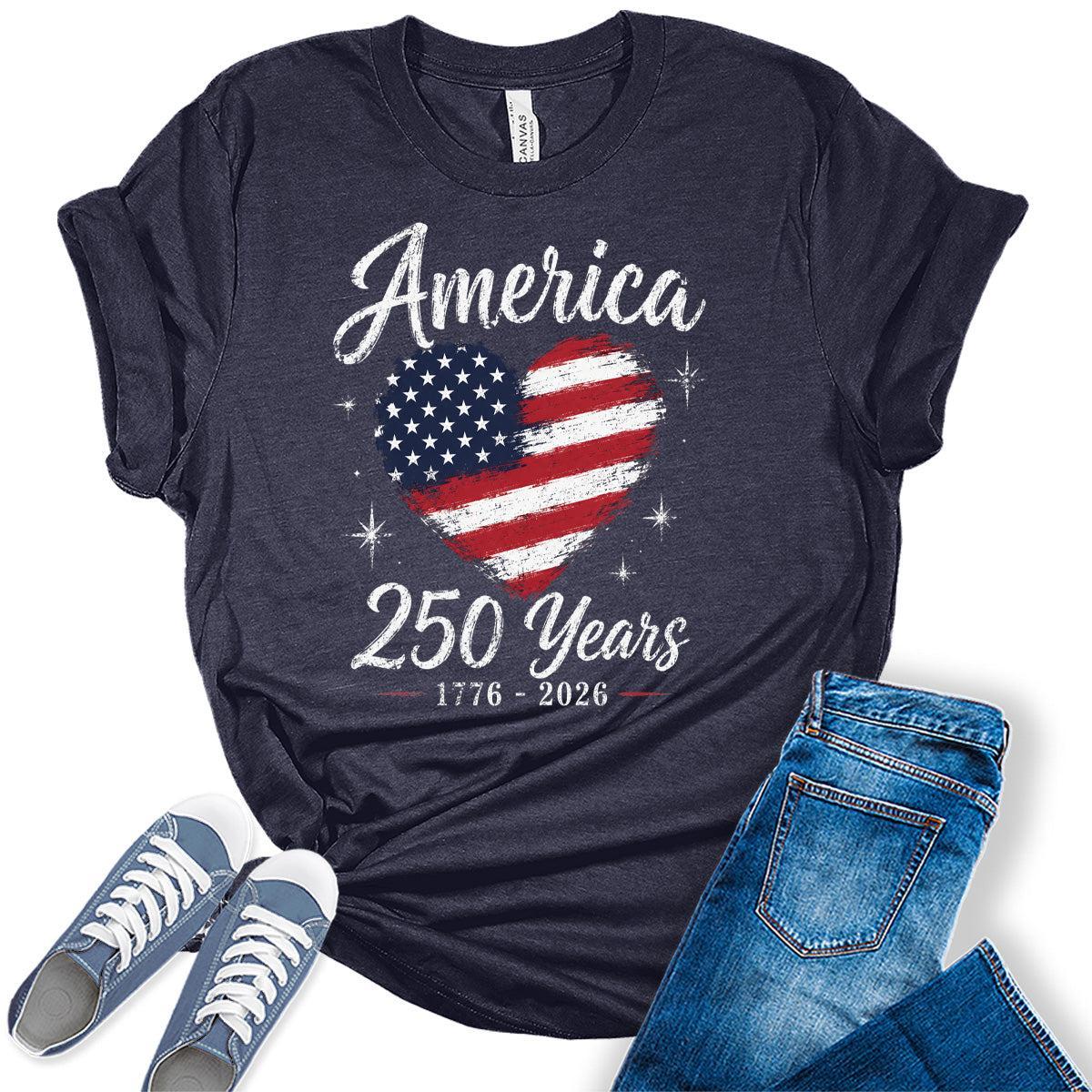 Women's 250th Anniversary USA Merchandise American Heart Shirt 4th of July Vintage Patriotic Graphic Tees