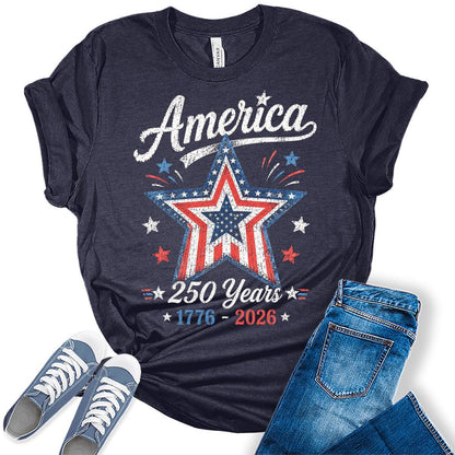 Women's 250th Anniversary USA Merchandise American Star Shirt 4th of July Vintage Patriotic Graphic Tees