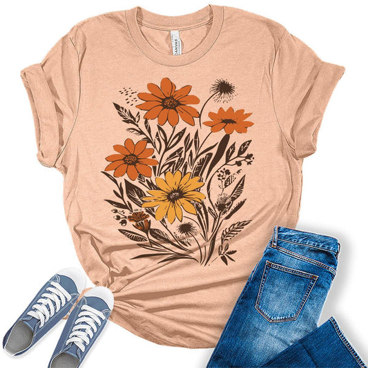 Vintage Flowers T-Shirt for Women Boho Tops Floral Graphic Tee Casual Cottagecore Fall Shirt