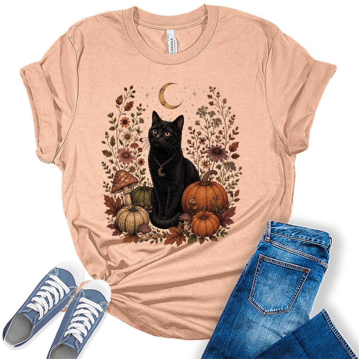 Womens Black Cat Pumpkin Halloween Shirt - Witchy Fall Graphic Tee Moon