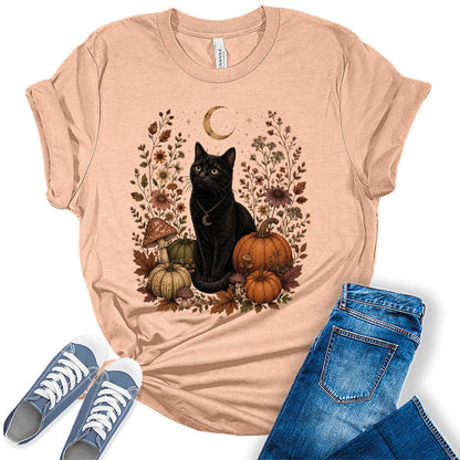 Womens Black Cat Pumpkin Halloween Shirt - Witchy Fall Graphic Tee Moon