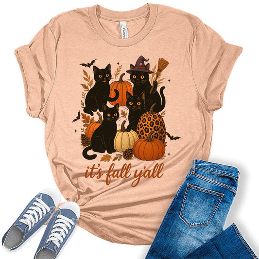 It's Fall Y'all T-Shirt Vintage Cat Shirt for Women Pumpkin Boho Tops Halloween Graphic Tee