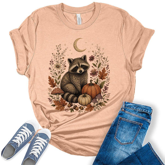 Womens Raccoon Pumpkin Mushroom Fall Shirt - Cottagecore Autumn Graphic Tee