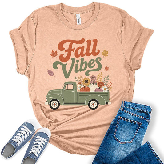Womens Fall Vibes Pumpkin Truck Shirt - Retro Autumn Graphic Tee Cute