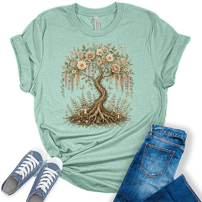 Women's Tree Of Life Shirts Floral Trendy Wildflower Vintage Graphic Tees Short Sleeve Bella Summer Tops