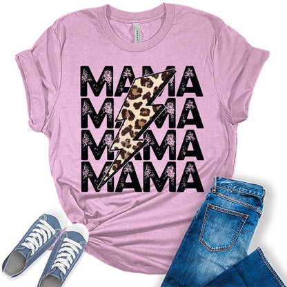 Mama Shirt Cute Thunder Leopard Letter Print Graphic Tees for Women Retro Tops
