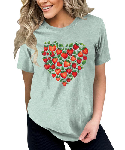 Trendy Strawberry Heart Graphic Tees For Women