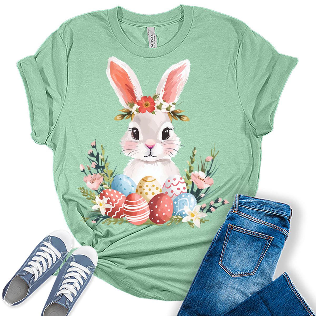 Cute Easter Bunny Floral Egg Shirts for Women Short Sleeve Plus Size Tops