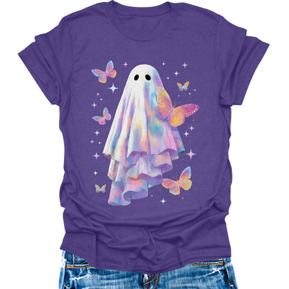 Cute Ghost Shirt for Women Halloween Butterfly Graphic Tee Short Sleeve Casual Top