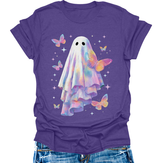 Cute Ghost Shirt for Women Halloween Butterfly Graphic Tee Short Sleeve Casual Top