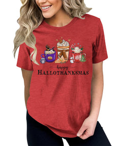 Happy HalloThanksMas Funny Halloween Thanksgiving Christmas T-shirt