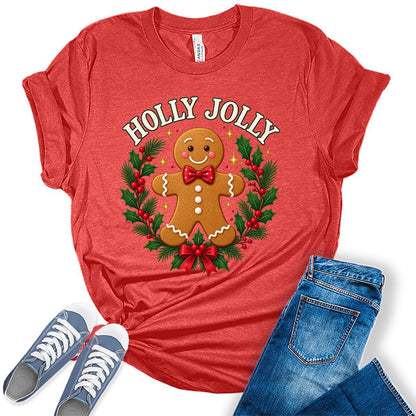 GyftWear Holly Jolly Gingerbread Man Christmas Women's Graphic Tee Shirt