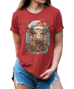Highland Cow With Christmas Hat Funny Womens Yuletide Season T-shirt