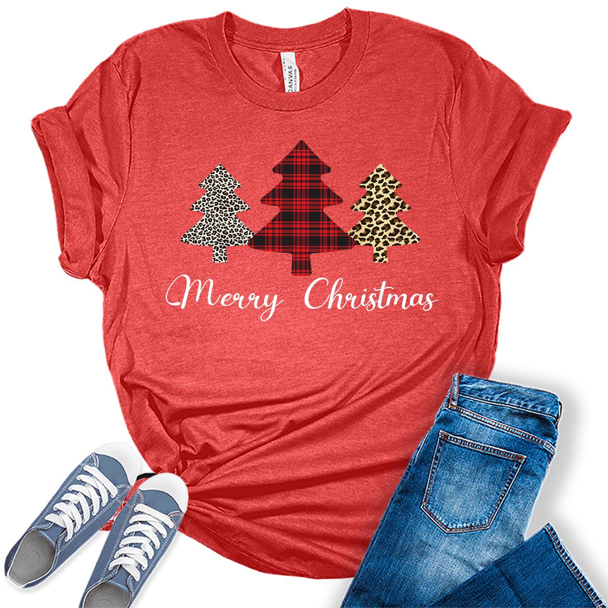 Plaid Animal Print Christmas Tree Merry Christmas Funny Womens T-shirt