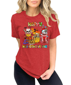 Happy HalloThanksMas Funny Halloween Thanksgiving Christmas T-shirt