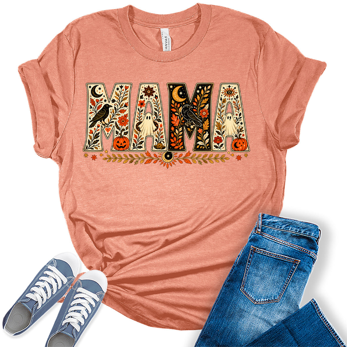 Women's Halloween Mama Shirt Vintage Fall Graphic Tees Short Sleeve Bella Autumn Tops
