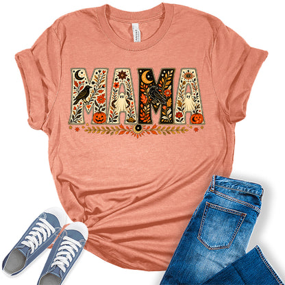 Women's Halloween Mama Shirt Vintage Fall Graphic Tees Short Sleeve Bella Autumn Tops