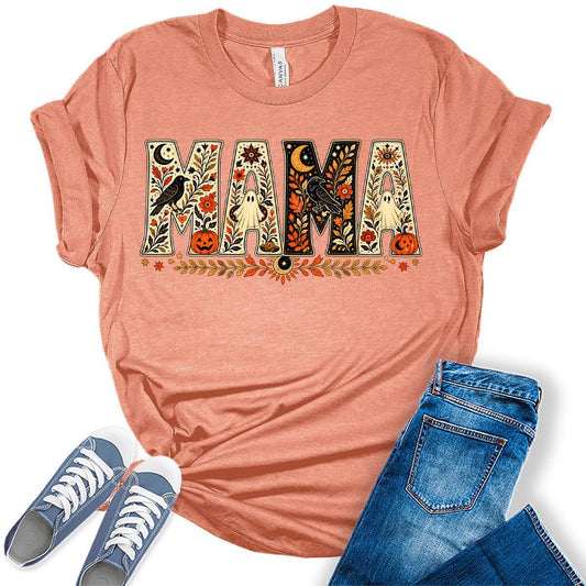 Women's Halloween Mama Shirt Vintage Fall Graphic Tees Short Sleeve Bella Autumn Tops