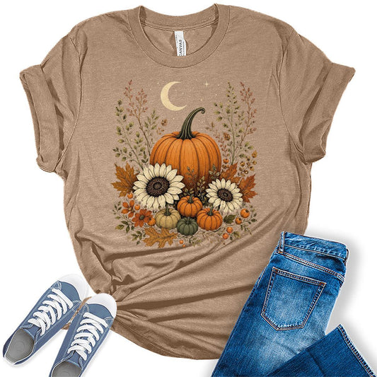 Women's Graphic Tee Fall T-Shirt Pumpkin Sunflower Moon Vintage Cottagecore Tops