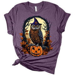 Womens Witchy Owl Halloween Graphic Tee Short Sleeve Fall T-Shirt