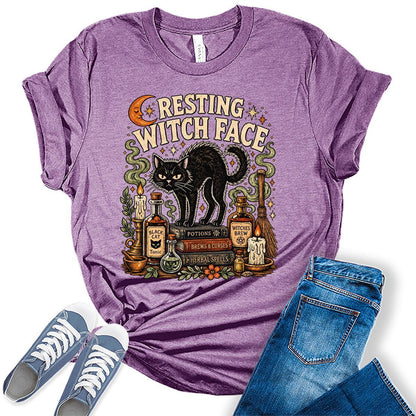 Women's Halloween Shirt Funny Cat Graphic Tees Resting Witch Face Short Sleeve Bella Fall Tops