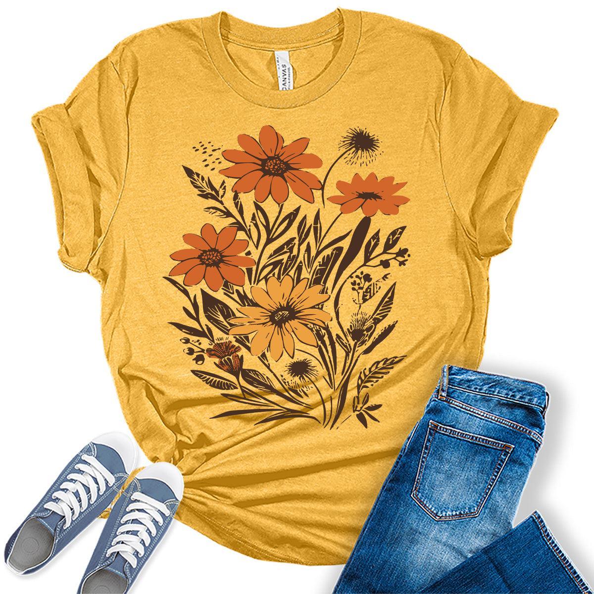 Vintage Flowers T-Shirt for Women Boho Tops Floral Graphic Tee Casual Cottagecore Fall Shirt
