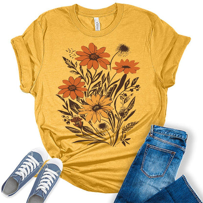 Vintage Flowers T-Shirt for Women Boho Tops Floral Graphic Tee Casual Cottagecore Fall Shirt