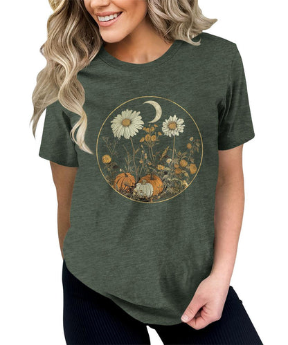 Fall Floral Pumpkin Shirt Halloween Graphic Tees Short Sleeve Plus Size Tops For Women