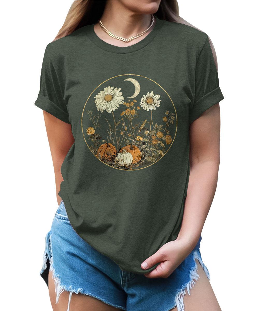 Fall Floral Pumpkin Shirt Halloween Graphic Tees Short Sleeve Plus Size Tops For Women