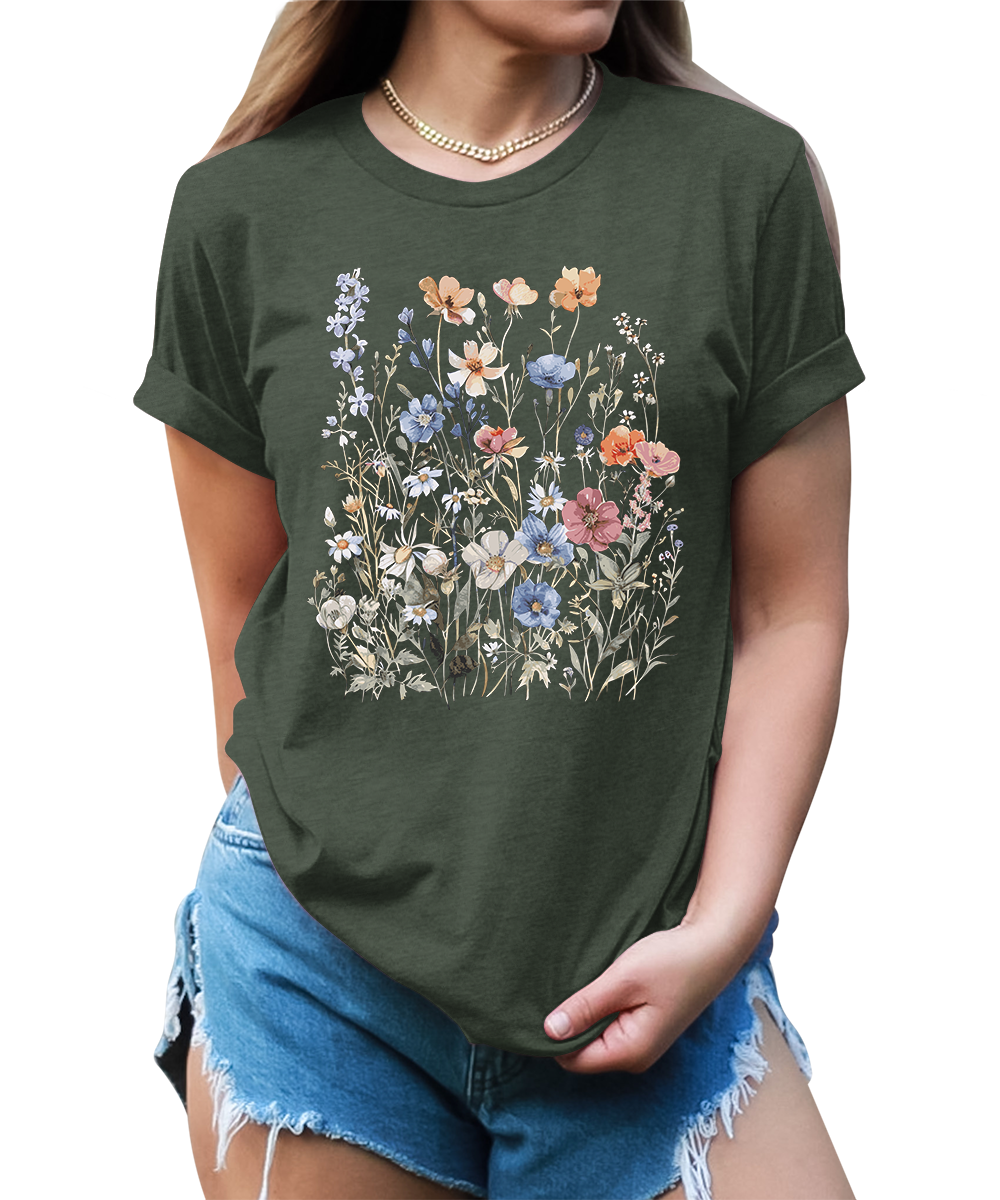 Women's Vintage Floral T Shirt Boho Wildflower Graphic Short Sleeve Tops