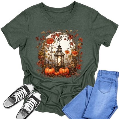 Girl's Short Sleeve Graphic Tees Cute Floral Lantern Pumpkin Shirt Back To School Fall Tops