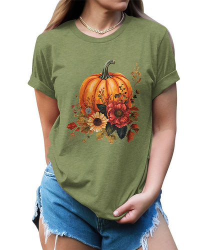 Trendy Fall Pumpkin Flower Graphic Tees For Women