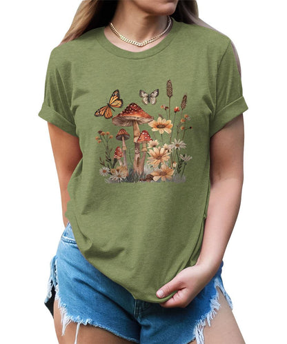 Wildflower Mushroom Butterfly Graphic Tees For Women