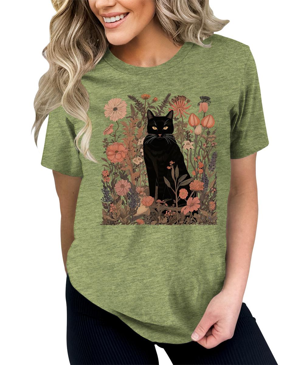 Women's Black Cat Wildflower Graphic Tees