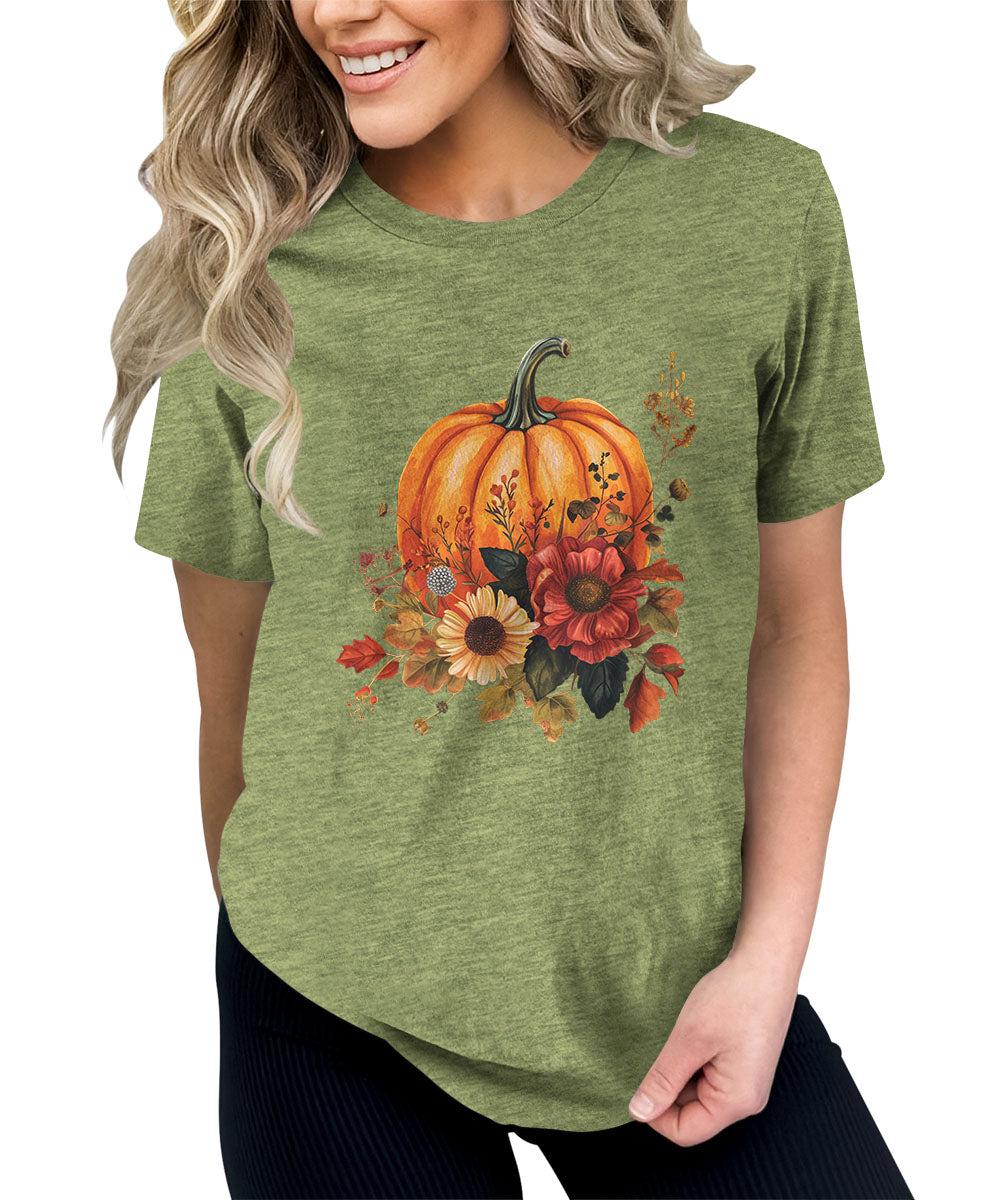 Trendy Fall Pumpkin Flower Graphic Tees For Women