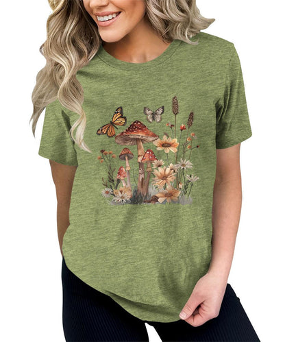 Wildflower Mushroom Butterfly Graphic Tees For Women